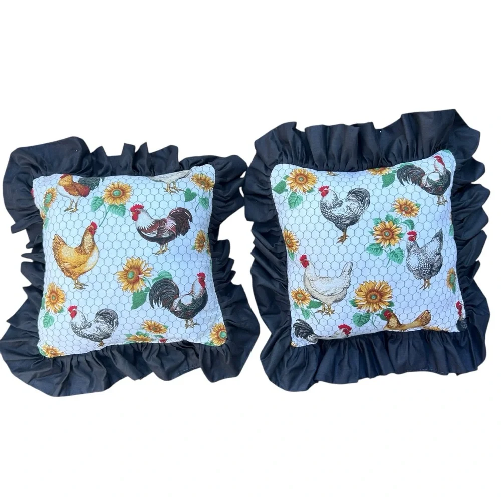 Vintage Farmhouse Chicken Rooster Throw Pillows Sunflowers Cottagecore USA